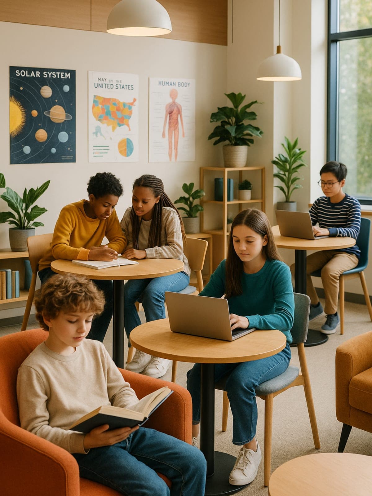 Students working independently and collaborating in a modern, welcoming study space