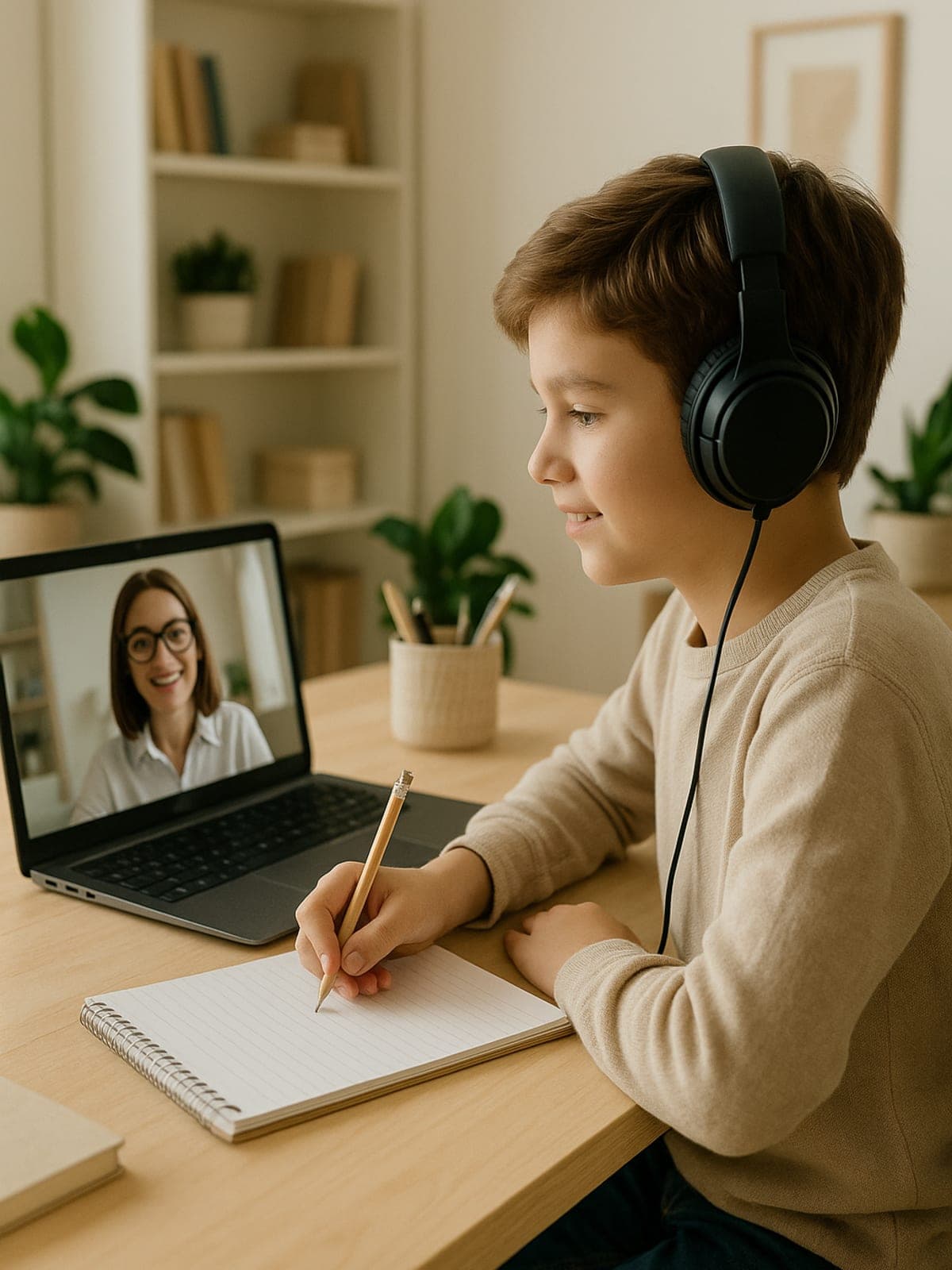 Student engaged in a live video learning session with a teacher, taking notes at a bright home desk