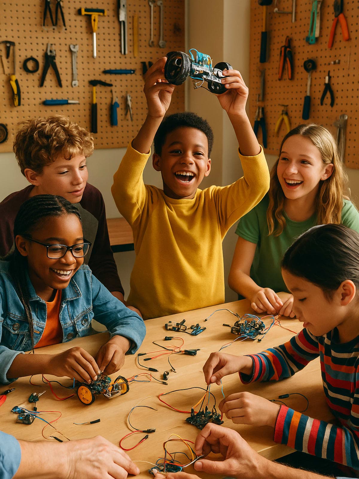 Students engaged in a hands-on robotics or creative maker activity