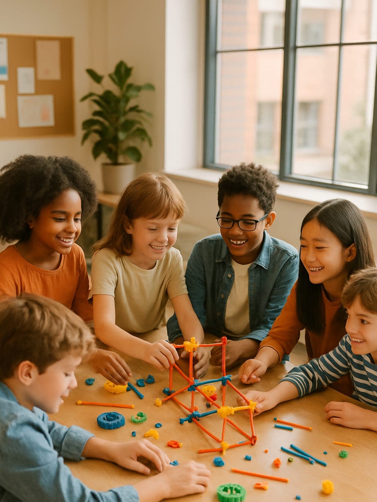 Children collaborating together in a bright, modern learning space during a hands-on STEM activity