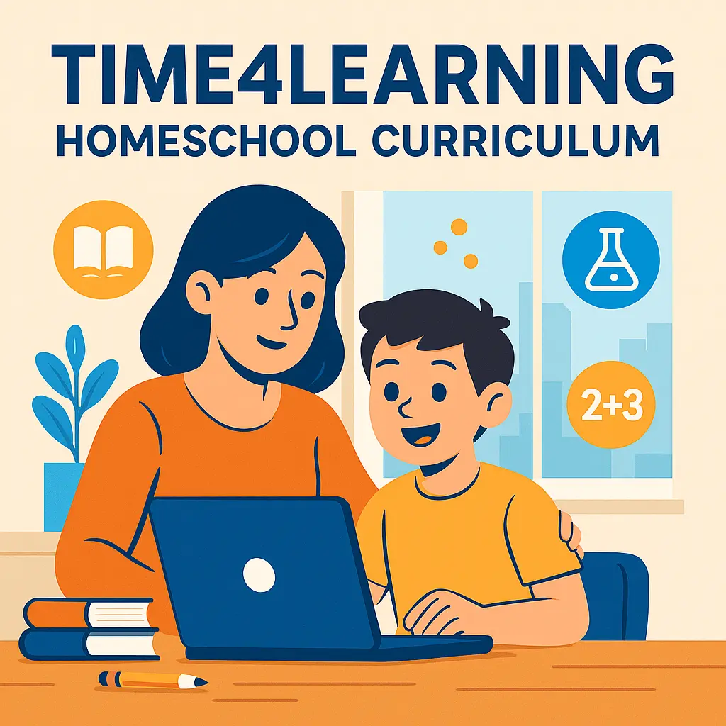 Mother and elementary-age son smiling while using the Time4Learning Homeschool Curriculum on a laptop, surrounded by educational icons