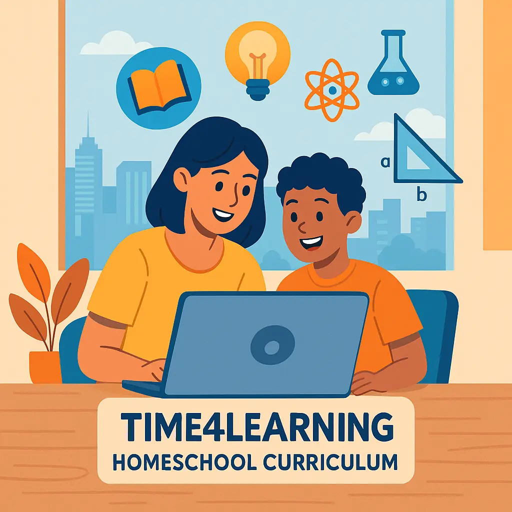 Parent and child engaged with an animated Time4Learning lesson on a laptop, educational icons floating nearby