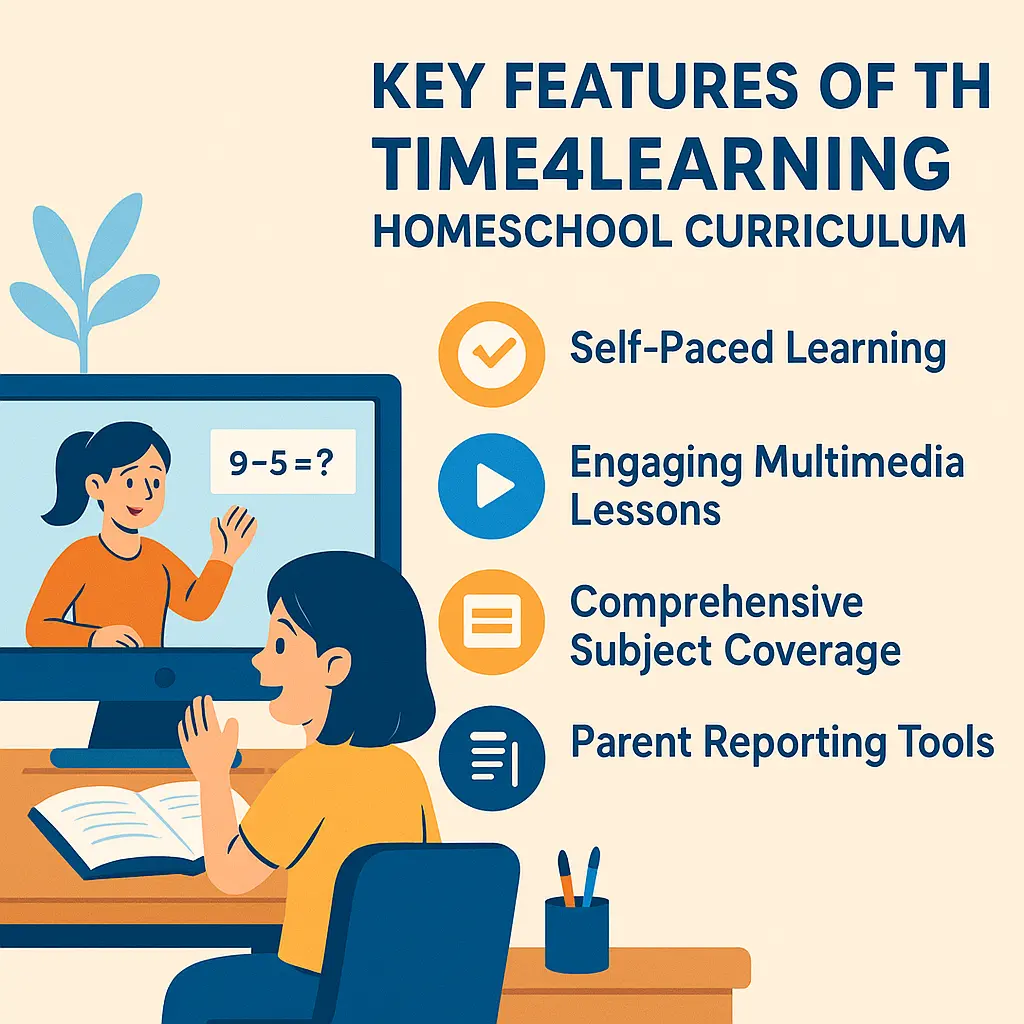Student viewing a monitor while icons highlight self-paced learning, multimedia lessons, subject coverage, and reporting tools