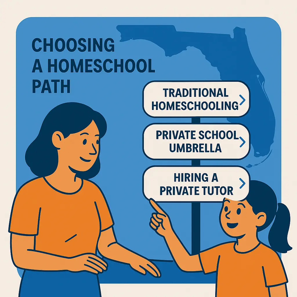 Mother and daughter weigh traditional homeschool, umbrella school, or private tutor on a signpost.