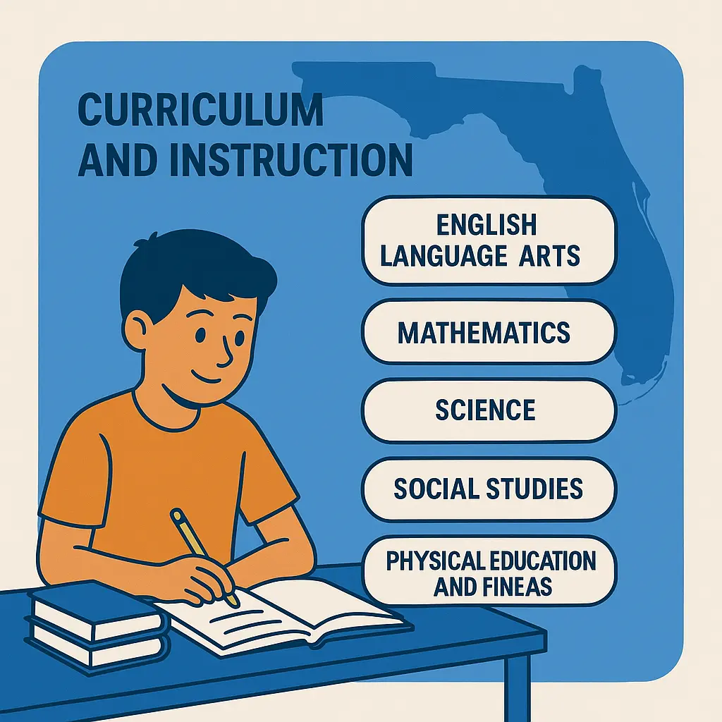 Boy writing at his desk beside a list of core subjects overlaying a Florida map.
