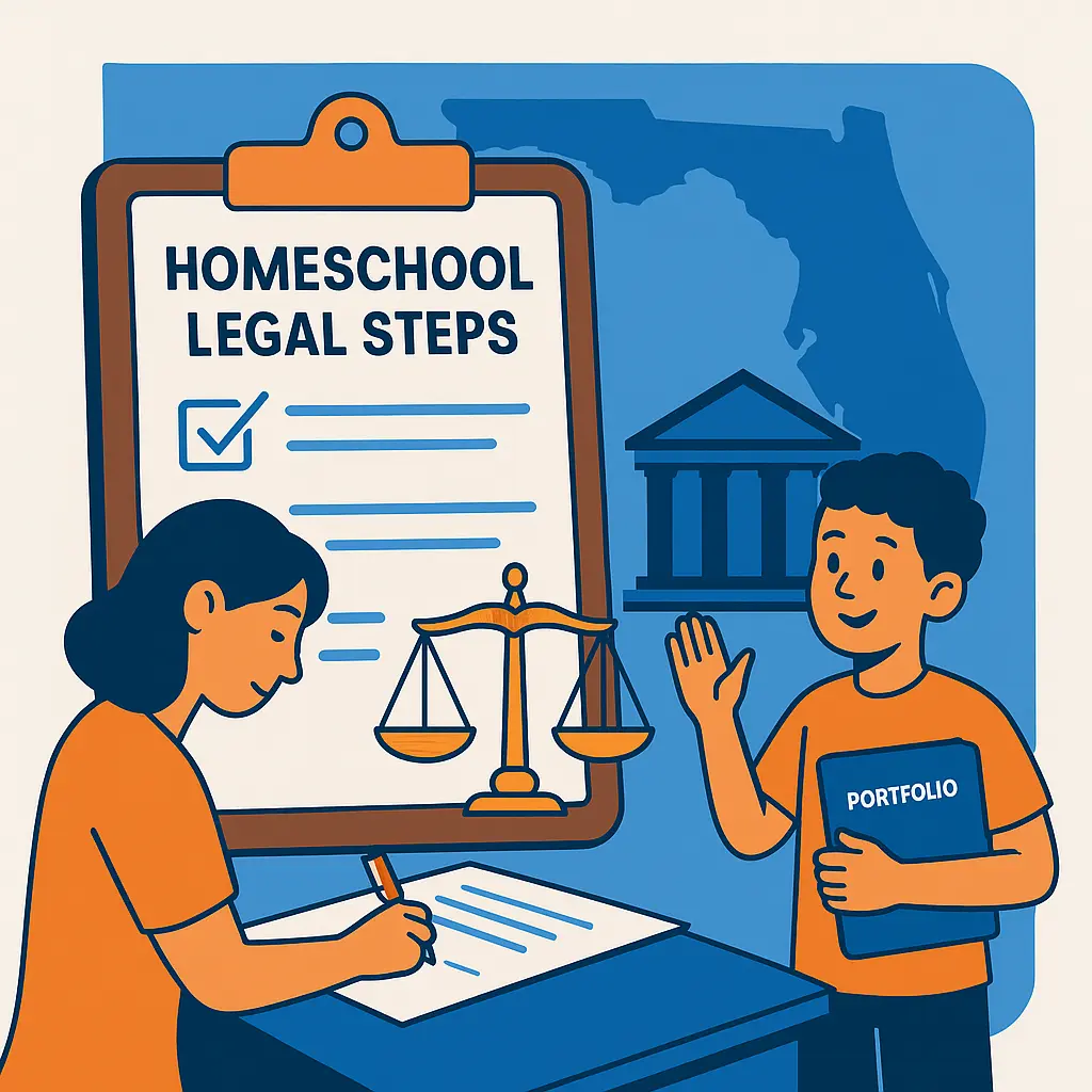 Parent signing a Notice of Intent beside Florida legal icons; child holding a homeschool portfolio.